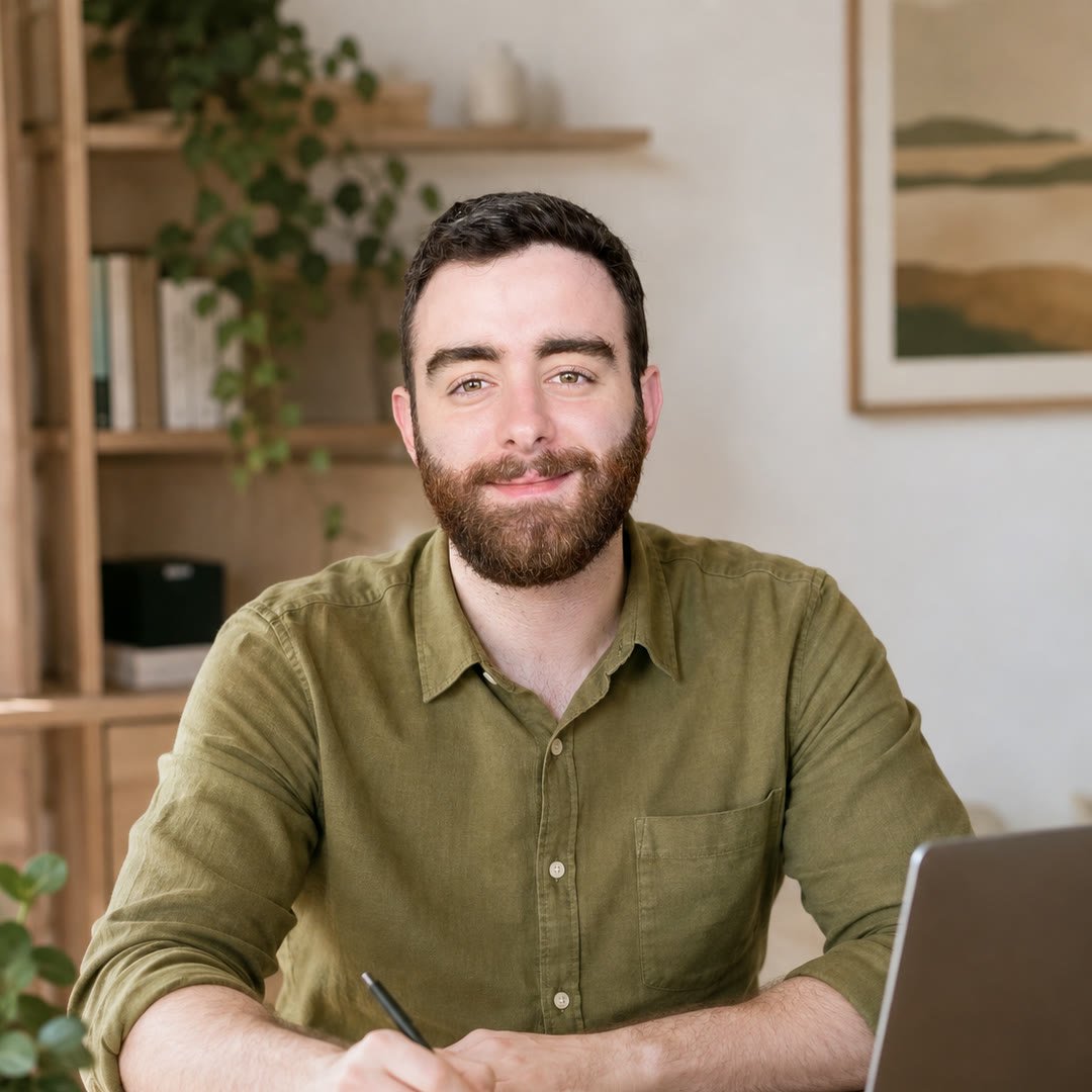Renan Degani Skerlak à mesa de trabalho, escrevendo em um caderno ao lado do notebook.